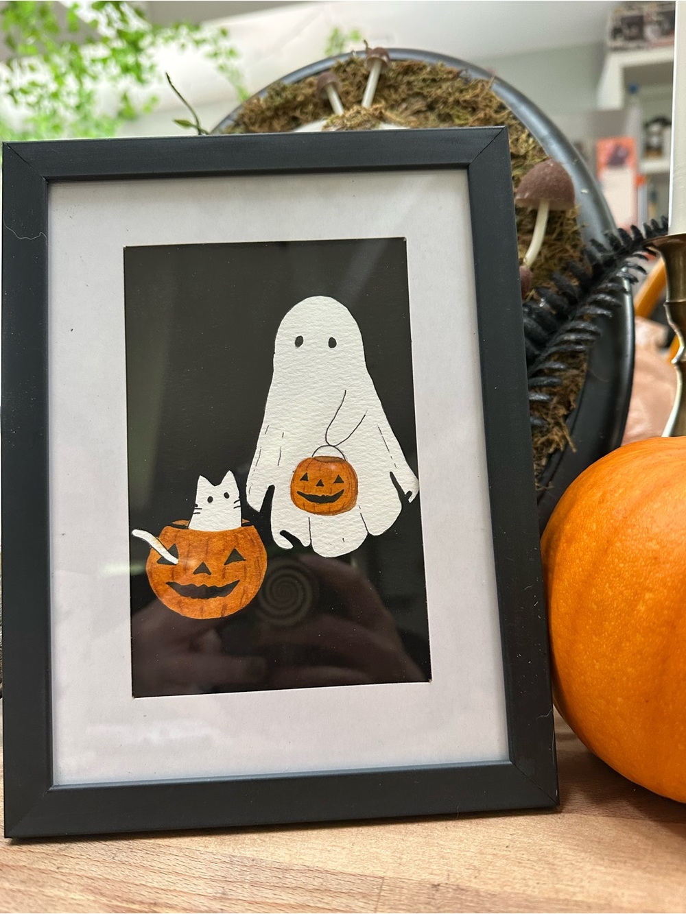 Halloween ghost & cat pumpkin wall art - watercolor 4x6inch